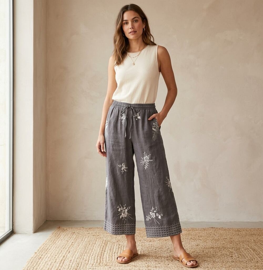 Johnny Was Workshop Linen Embroidered Pants L Grey Floral Wide Leg Cropped